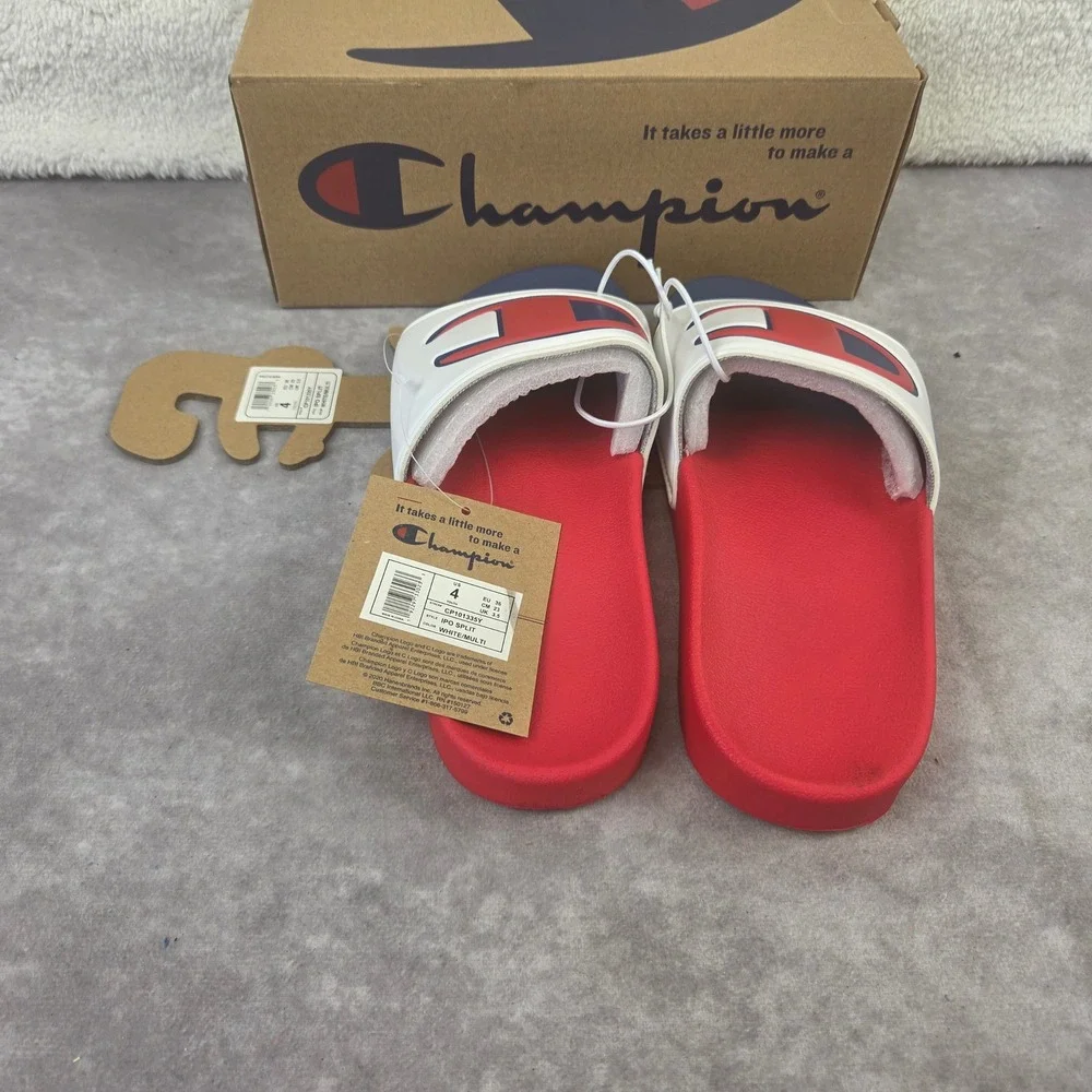 Champion IPO Split Slides White Red Blue Youth Size 4 CP101335Y Big C Sandals